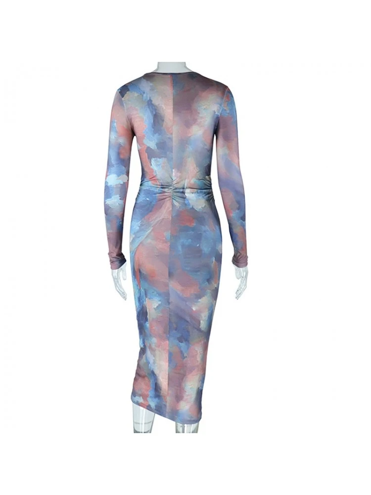 Slim Round Neck Printing Blue Women's Dress 10 Slim Round Neck Printing Blue Women's Dress - Image 8