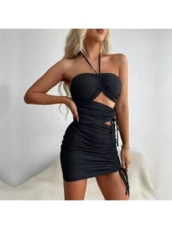 Women Black Ruched Cutout Halter Mini Dress