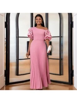 Magenta Pink Pleated Short Sleeve Dress