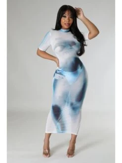 Blue See Through Gauze Short Sleeve Dress