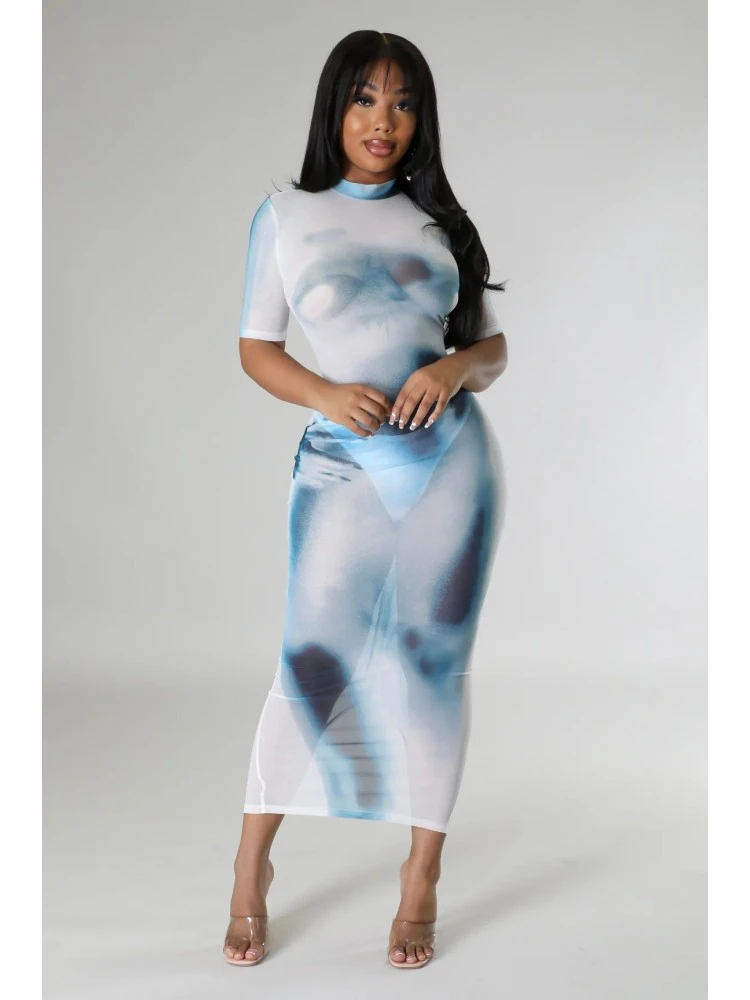 Blue See Through Gauze Short Sleeve Dress 5 Blue See Through Gauze Short Sleeve Dress - Image 3