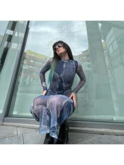 Blue Denim Printed Long Sleeve Dress -Define Your Shop P 20230707200520598 765