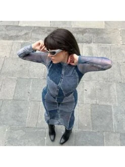 Blue Denim Printed Long Sleeve Dress -Define Your Shop P 20230707200522994 340