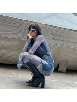 Blue Denim Printed Long Sleeve Dress -Define Your Shop P 20230707200525343 286