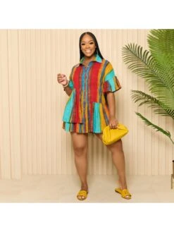 Red Contrast Color Printing Short Sleeve Dress