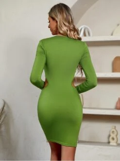 Solid Long Sleeve Waist Cut Slim Dress -Define Your Shop P 20230719165748326 563
