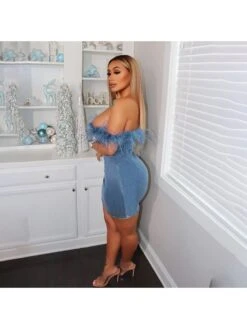 Women's Sexy Denim Feather Patchwork Blue Dress -Define Your Shop P 20230721171934724 364