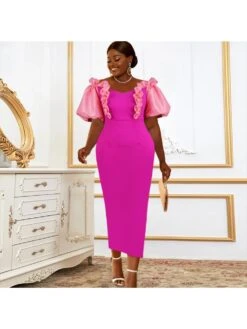 Fall Dress Like Magenta Puff Sleeve Slim Maxi Dress