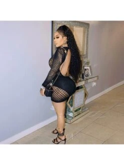 Long Sleeve Open Back Wrap Hip Mesh Dress -Define Your Shop P 20230831110115168 276