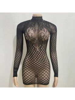 Long Sleeve Open Back Wrap Hip Mesh Dress -Define Your Shop P 20230831110125242 430