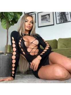 Solid Color Round Neck Long Sleeve Hollow Out Perspective Lace Dress -Define Your Shop P 20230901101021024 631