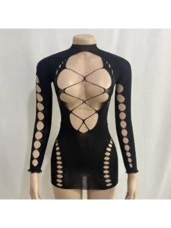 Solid Color Round Neck Long Sleeve Hollow Out Perspective Lace Dress -Define Your Shop P 20230901101028513 600