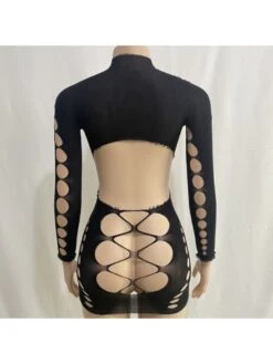 Solid Color Round Neck Long Sleeve Hollow Out Perspective Lace Dress -Define Your Shop P 20230901101031015 389