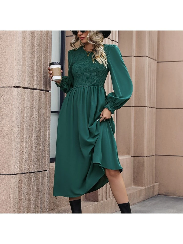 Pure Color Patchwork Ruffled Crew Neck Dress 3 Pure Color Patchwork Ruffled Crew Neck Dress