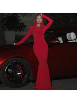 Solid Color Slim Hooded Long Sleeve Dress