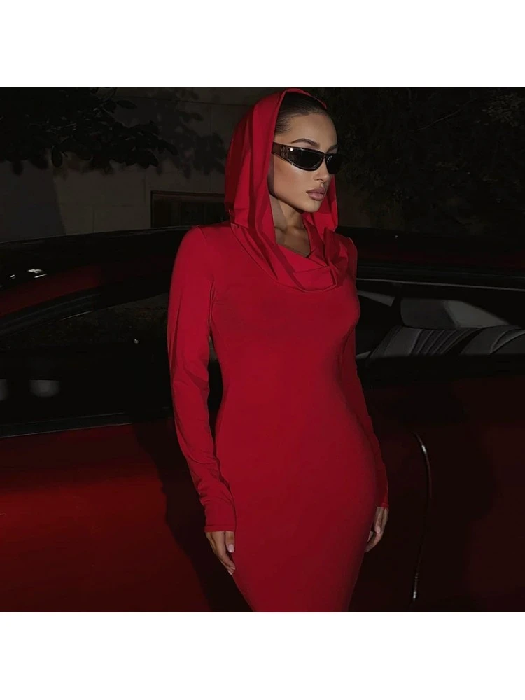 Solid Color Slim Hooded Long Sleeve Dress 4 Solid Color Slim Hooded Long Sleeve Dress - Image 2