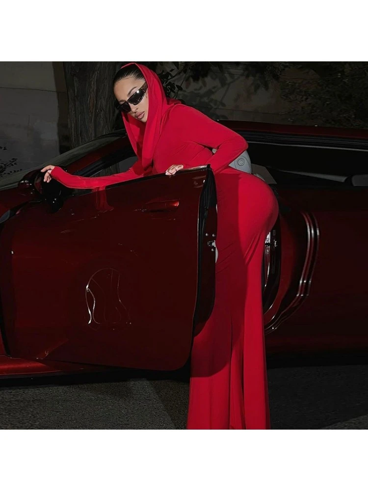 Solid Color Slim Hooded Long Sleeve Dress 6 Solid Color Slim Hooded Long Sleeve Dress - Image 4