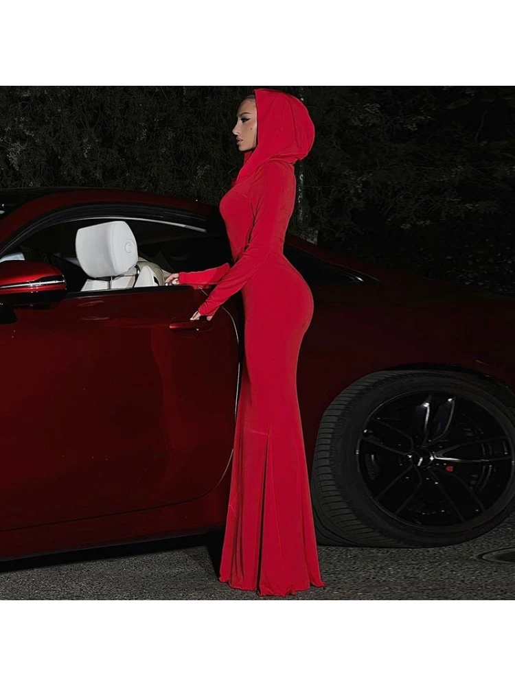 Solid Color Slim Hooded Long Sleeve Dress 8 Solid Color Slim Hooded Long Sleeve Dress - Image 6