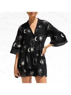 Printed Mid-rise Loose Flared Sleeve Dress