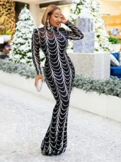 Sequin See Through Turtleneck Maxi Dresses