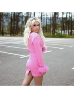 Solid Feather Patchwork Low Cut Slim Mini Dress -Define Your Shop P 20231014170600814 327