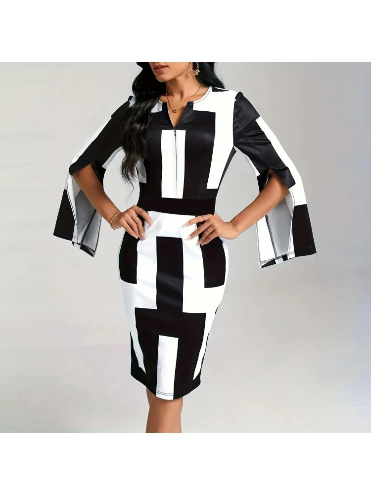 Geometric Pattern Split Hem Long Sleeve Midi Dress 3 Geometric Pattern Split Hem Long Sleeve Midi Dress