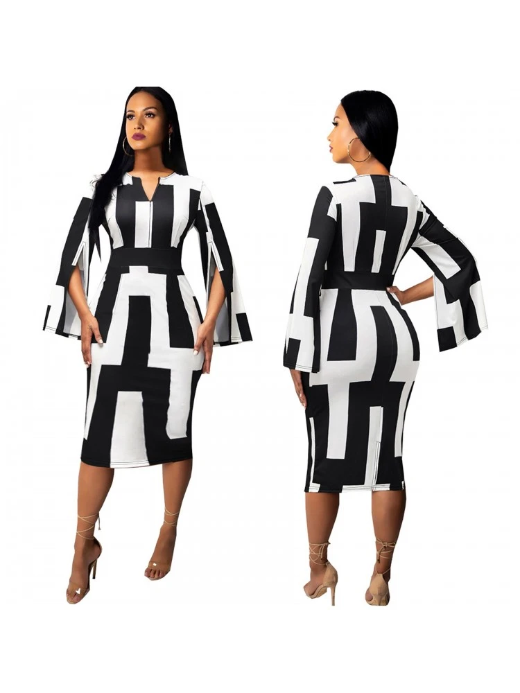 Geometric Pattern Split Hem Long Sleeve Midi Dress 4 Geometric Pattern Split Hem Long Sleeve Midi Dress - Image 2