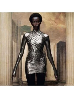 Metallic Ruched Cross V Neck Long Sleeves Dress