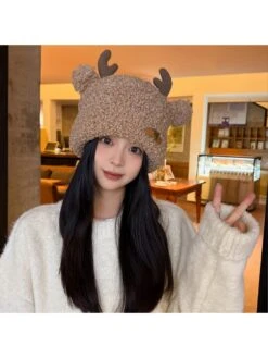 Letter Print Cozy Deer Horn Curled Edge Hat -Define Your Shop P 20231114140313453 119