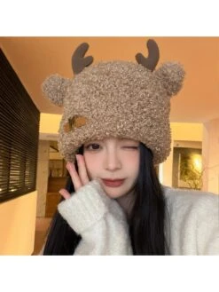 Letter Print Cozy Deer Horn Curled Edge Hat -Define Your Shop P 20231114140316000 304