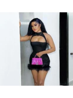 Feather Patchwork Halter Cut Outs Mini Dress -Define Your Shop P 20231115134615238 719