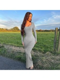 Solid Square Neck Long Sleeve Maxi Dress