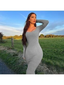 Solid Square Neck Long Sleeve Maxi Dress -Define Your Shop P 20231120170015594 482