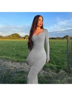 Solid Square Neck Long Sleeve Maxi Dress -Define Your Shop P 20231120170018169 376