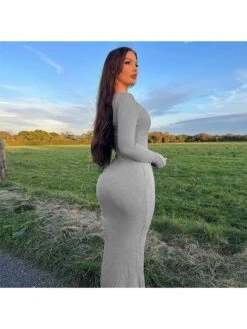 Solid Square Neck Long Sleeve Maxi Dress -Define Your Shop P 20231120170020760 584