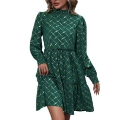 Rhombus Lattice Mid-rise A-line Long Sleeves Dress -Define Your Shop P 20231122112134931 365