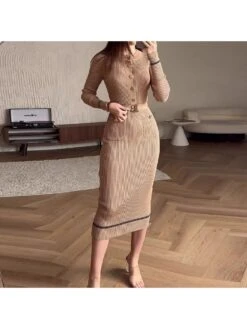 Striped Knitting Mid-rise Maxi Dresses