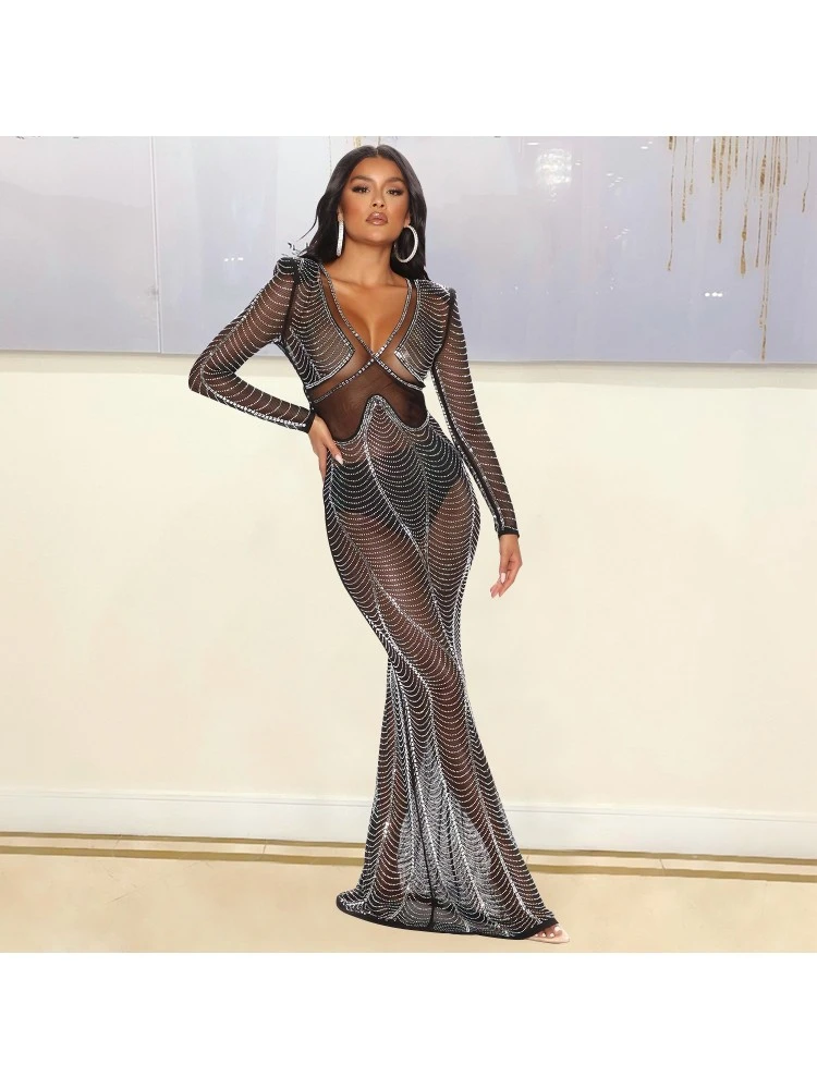 V Neck See Through Embellished Maxi Dress 3 V Neck See Through Embellished Maxi Dress