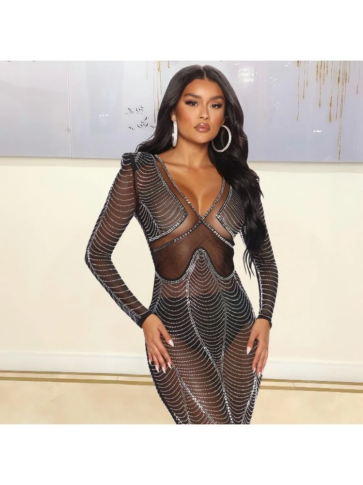 V Neck See Through Embellished Maxi Dress 5 V Neck See Through Embellished Maxi Dress - Image 3