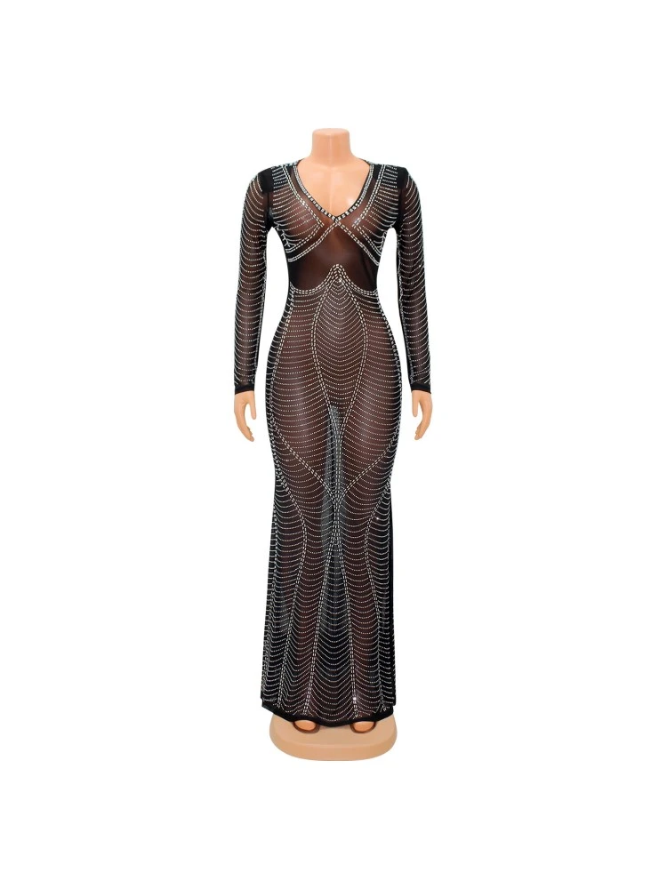 V Neck See Through Embellished Maxi Dress 7 V Neck See Through Embellished Maxi Dress - Image 5