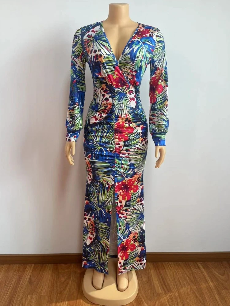 Floral Ruched V Neck Fitted Maxi Dresses 8 Floral Ruched V Neck Fitted Maxi Dresses - Image 6