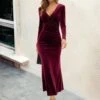 Solid Color Pleuche Mermaid V Neck Maxi Dress