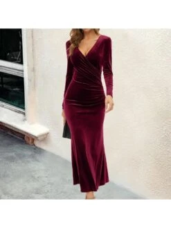 Solid Color Pleuche Mermaid V Neck Maxi Dress