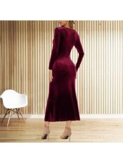 Solid Color Pleuche Mermaid V Neck Maxi Dress -Define Your Shop P 20231201141308276 453