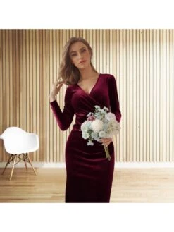 Solid Color Pleuche Mermaid V Neck Maxi Dress -Define Your Shop P 20231201141310658 496