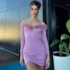 Fuzzy Trim Off Shoulder Fitted Mini Dress -Define Your Shop P 20231201212021626 383