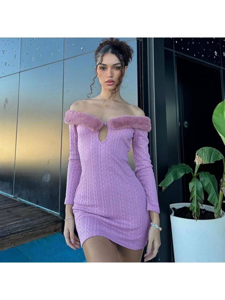 Fuzzy Trim Off Shoulder Fitted Mini Dress 3 Fuzzy Trim Off Shoulder Fitted Mini Dress