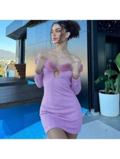Fuzzy Trim Off Shoulder Fitted Mini Dress 12 Fuzzy Trim Off Shoulder Fitted Mini Dress -Define Your Shop P 20231201212026567 219