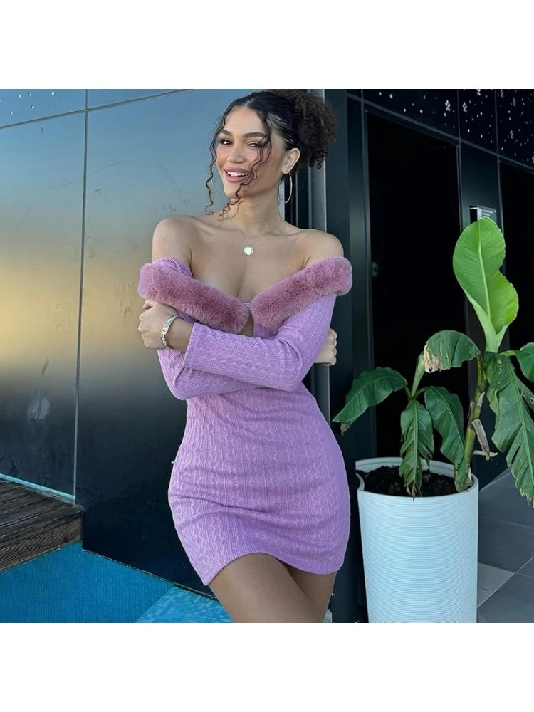 Fuzzy Trim Off Shoulder Fitted Mini Dress 6 Fuzzy Trim Off Shoulder Fitted Mini Dress - Image 4