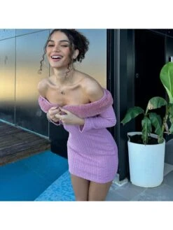 Fuzzy Trim Off Shoulder Fitted Mini Dress 14 Fuzzy Trim Off Shoulder Fitted Mini Dress -Define Your Shop P 20231201212031635 629